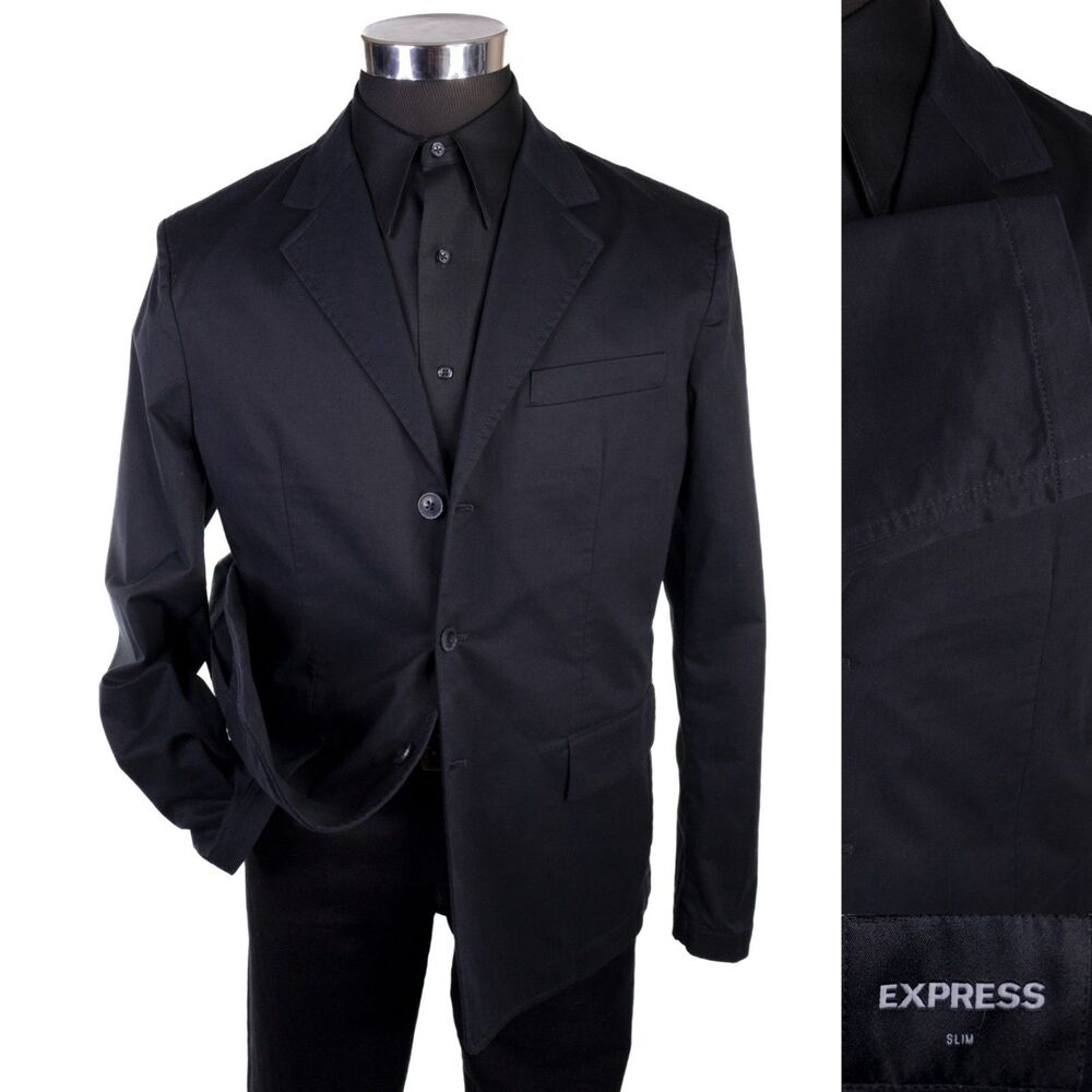 Express Slim Blazer Sport Coat Sz 40R Cotton Solid Black Three Button Jacket